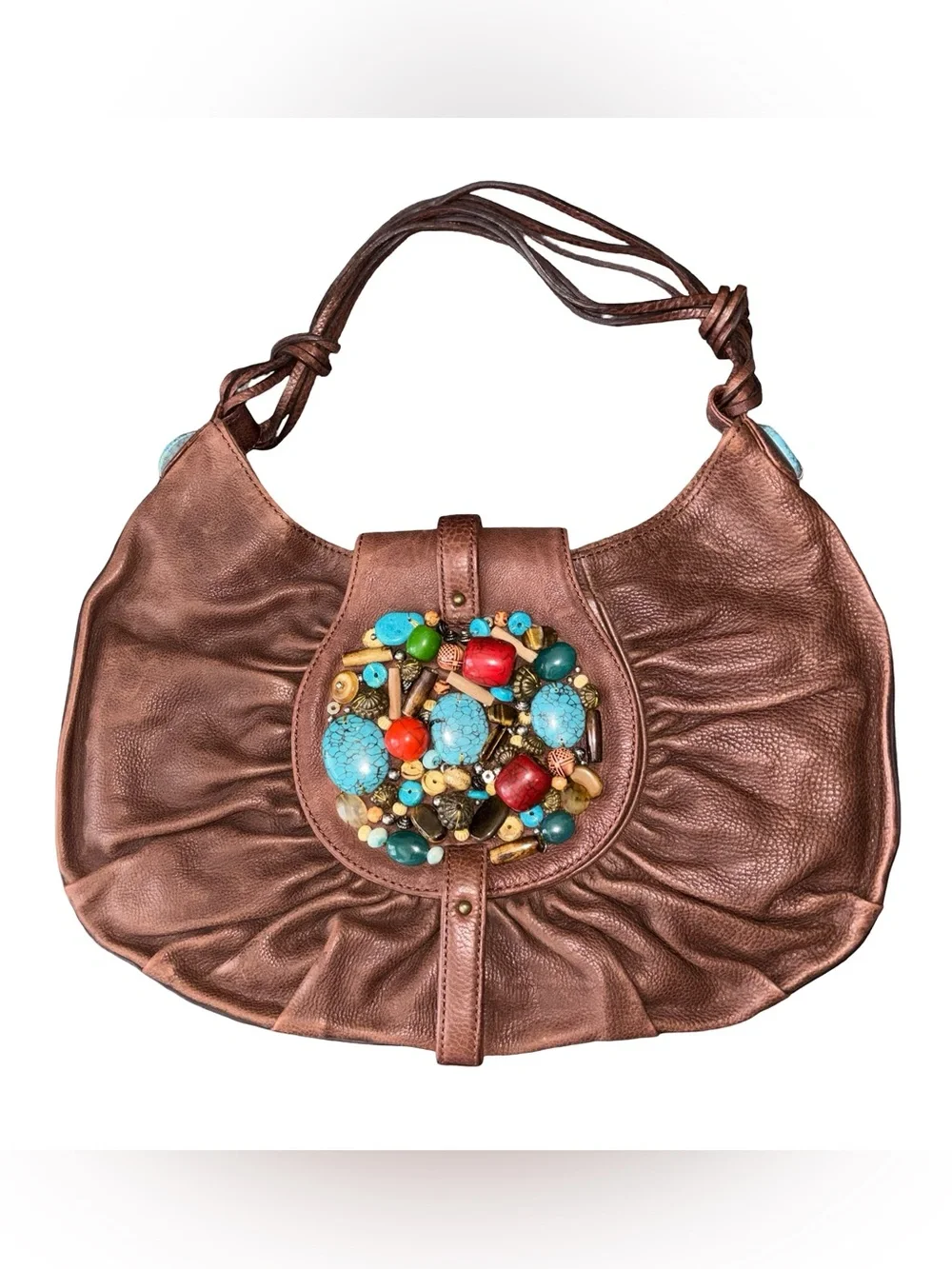 Cole Haan G Series Hobo Shoulder Bag Bead & Stones Embellished Boho Purse